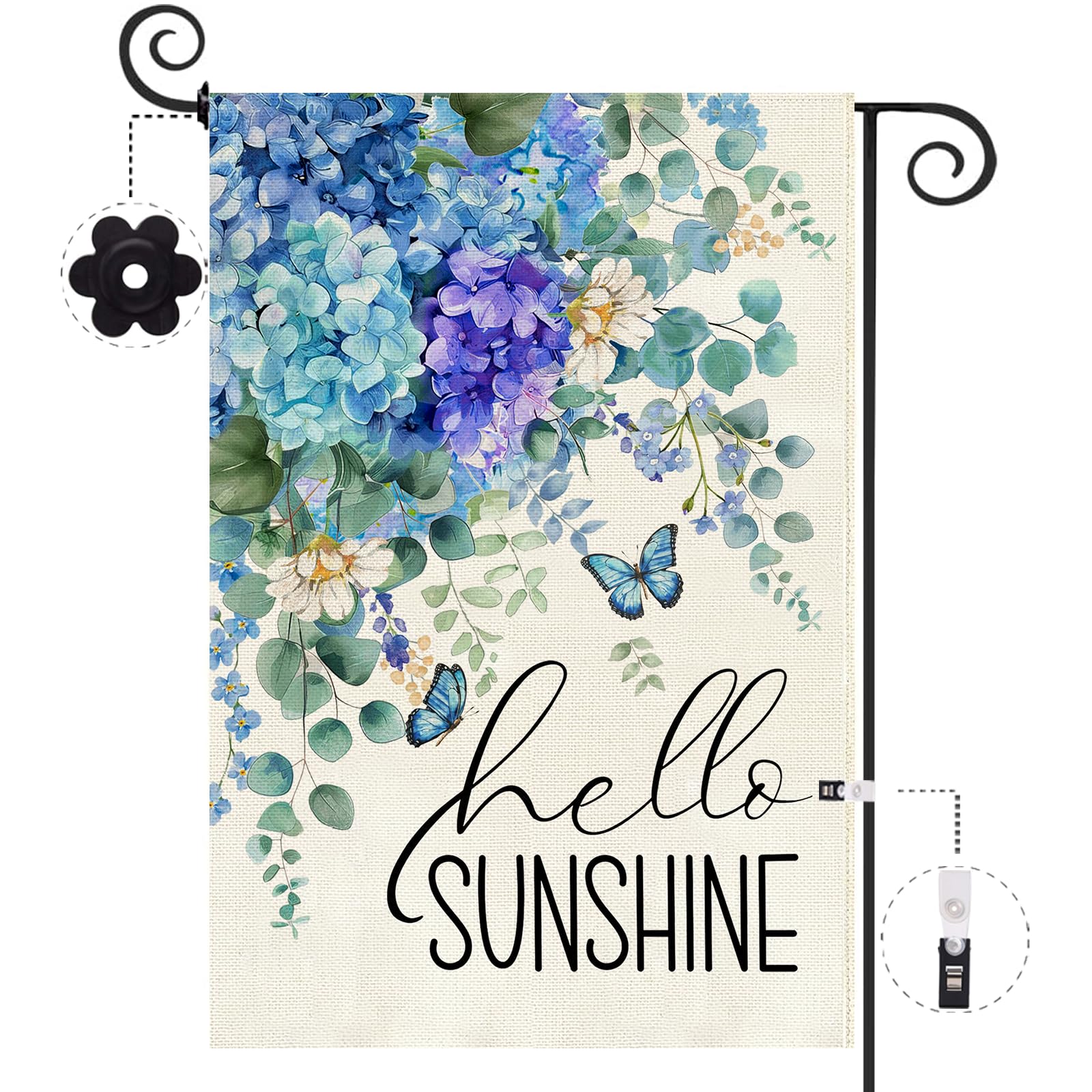 Baccessor Spring Garden Flag features blue and purple hydrangea for vibrant curb appeal.