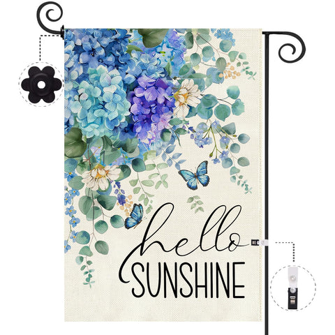 Baccessor Spring Garden Flag features blue and purple hydrangea for vibrant curb appeal.