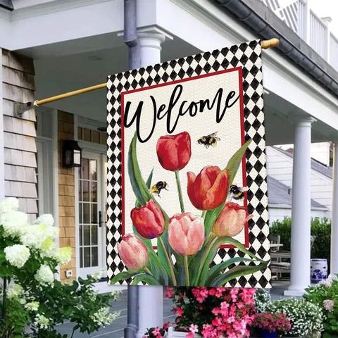 Baccessor spring garden flag with bees and tulips on a buffalo plaid background.