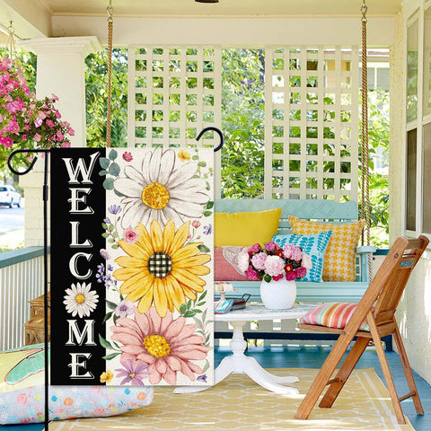 Baccessor Spring Garden Flag closeup captures bright yellow and pink daisies