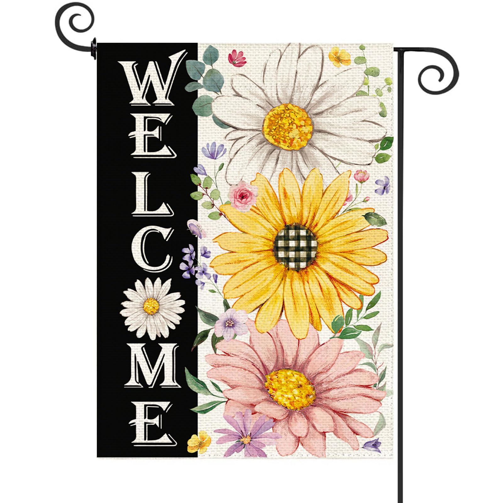 Baccessor Spring Garden Flag with daisy-front welcomes guests to your garden entrance