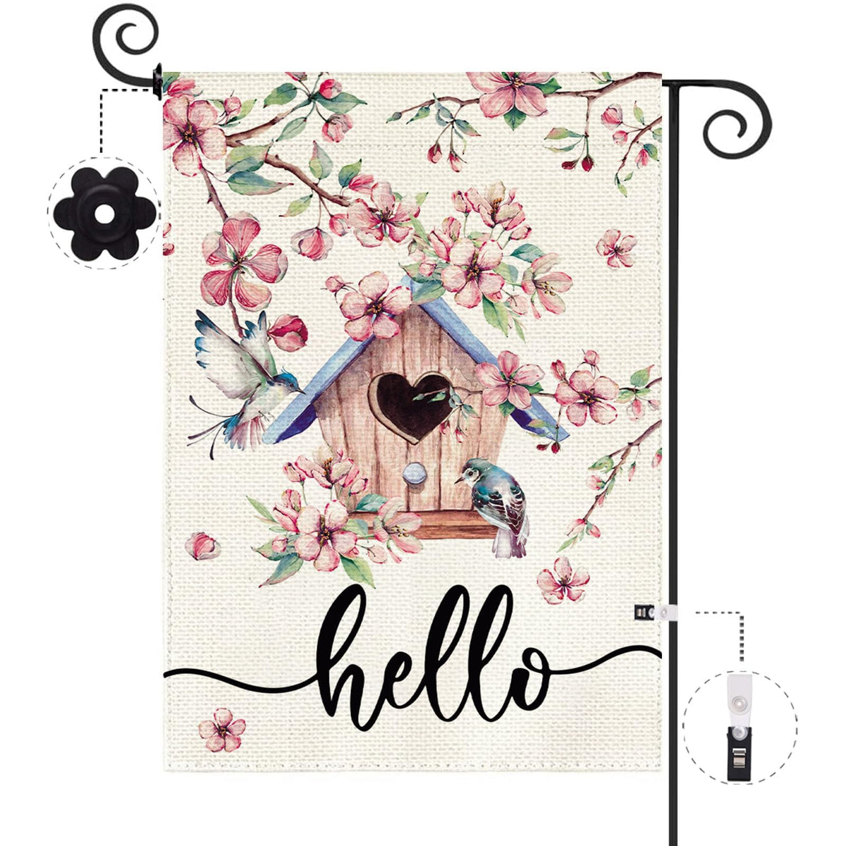 Baccessor Spring Garden Flag with pink floral bird house greets guests from any angle