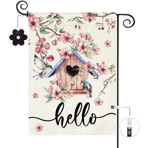 Baccessor Spring Garden Flag with pink floral bird house greets guests from any angle