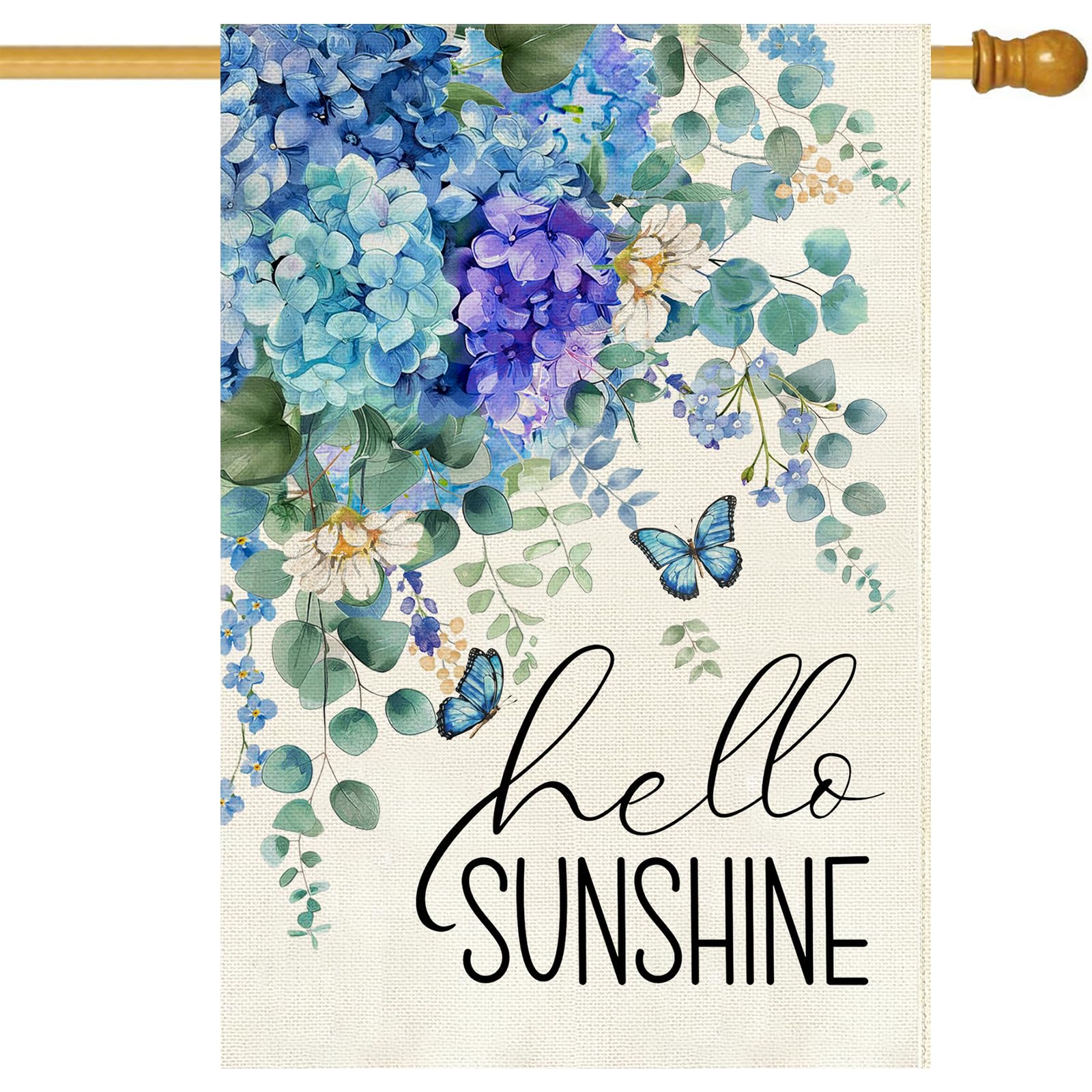 Baccessor hydrangea flag in blue-purple, double-sided for visible welcome.