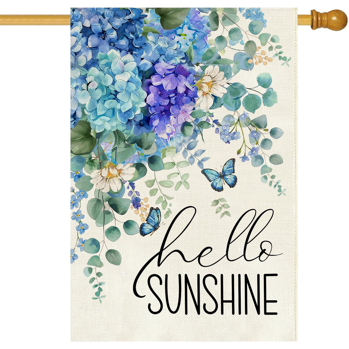 Baccessor hydrangea flag in blue-purple, double-sided for visible welcome.