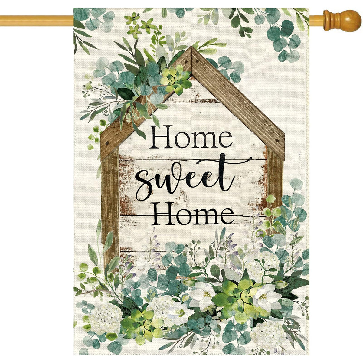 Baccessor Spring House Flag with eucalyptus welcome design, ideal for welcoming guests from any garden angle.
