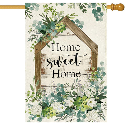 Baccessor Spring House Flag with eucalyptus welcome design, ideal for welcoming guests from any garden angle.