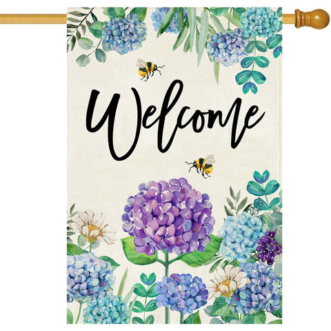 Baccessor Spring Hydrangea flag front view, vibrant purple-blue blooms welcoming entryways.