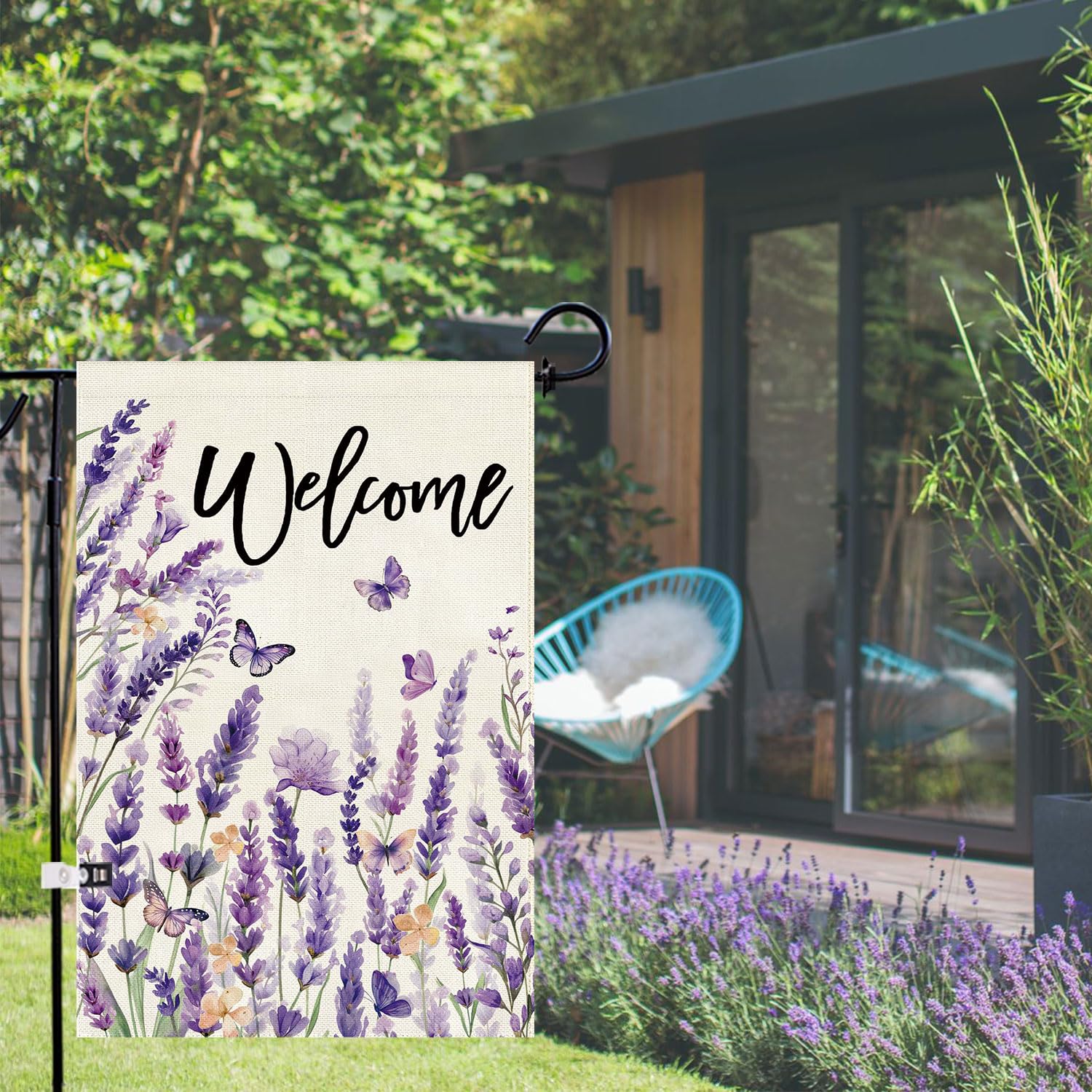 Baccessor Spring Lavender Welcome Flag burlap texture under sunlight adds rustic charm.
