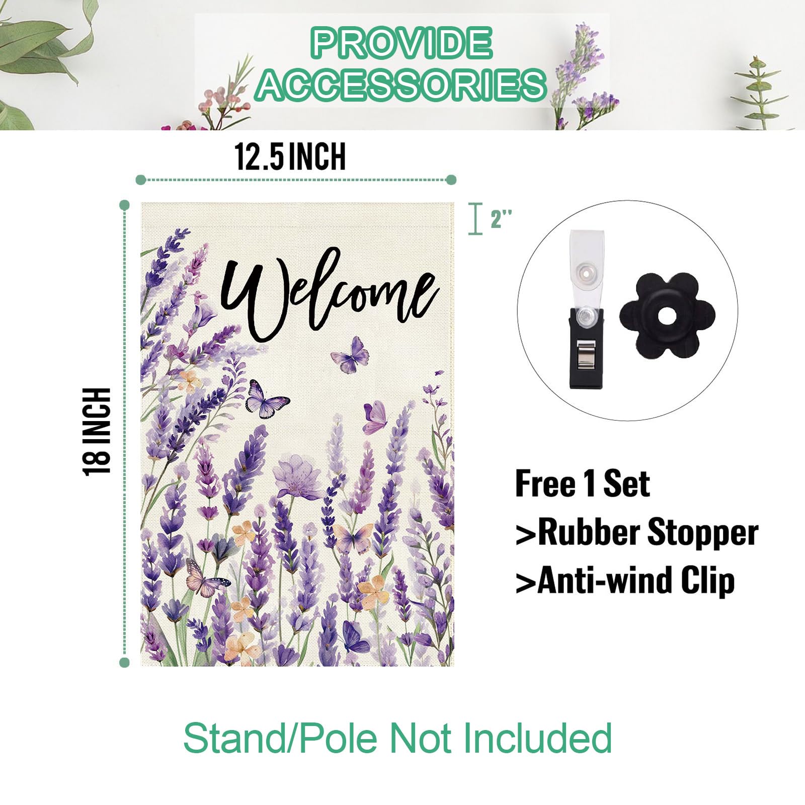 Baccessor Spring Lavender Welcome Flag with anti-wind clip allows easy porch setup.