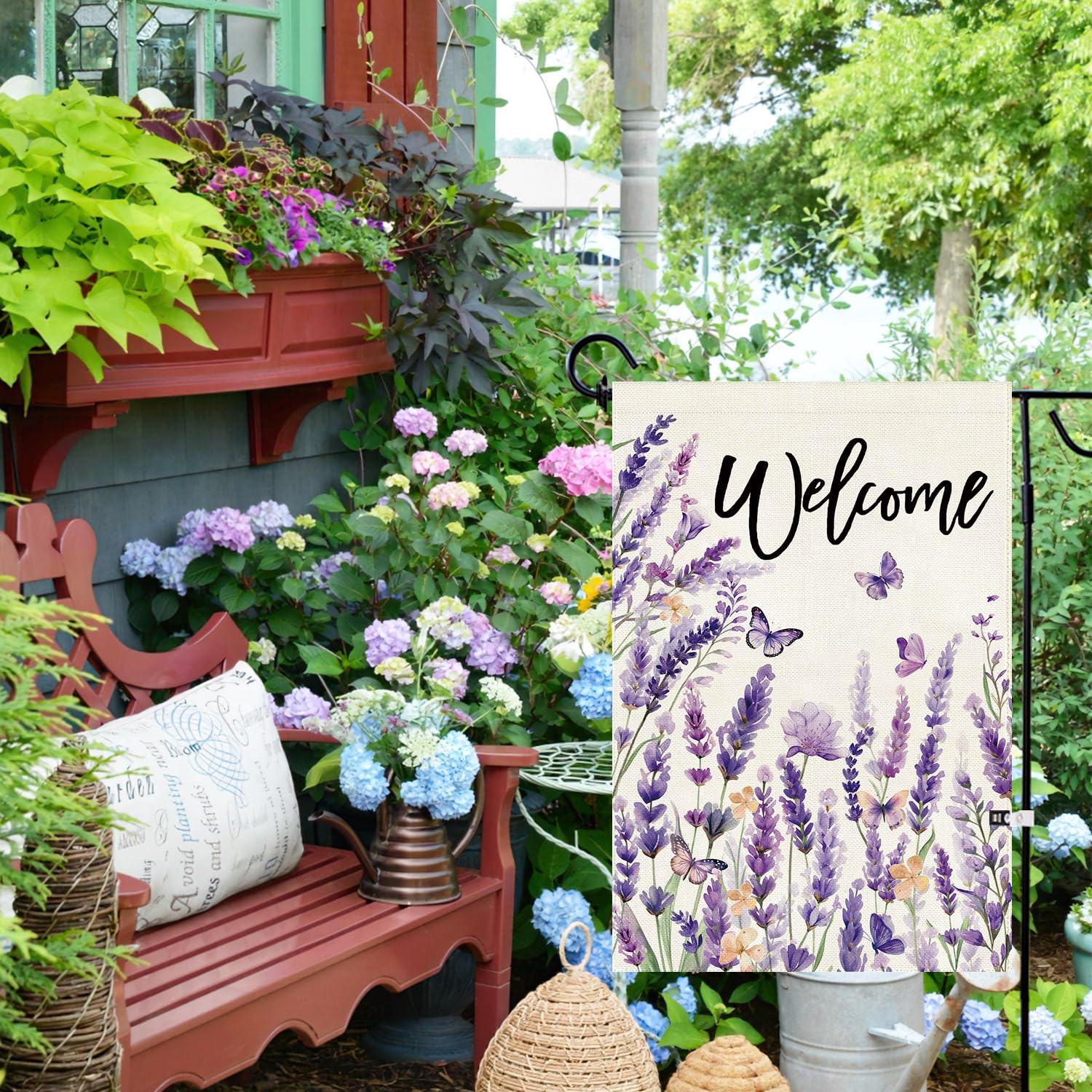 Baccessor Spring Lavender Welcome Flag close-up print highlights delicate petals and butterflies.
