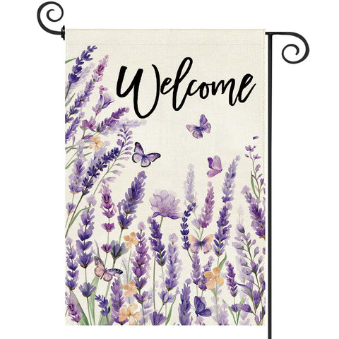 Baccessor Spring Lavender Welcome Flag front view shows vibrant floral print for outdoor greeting.