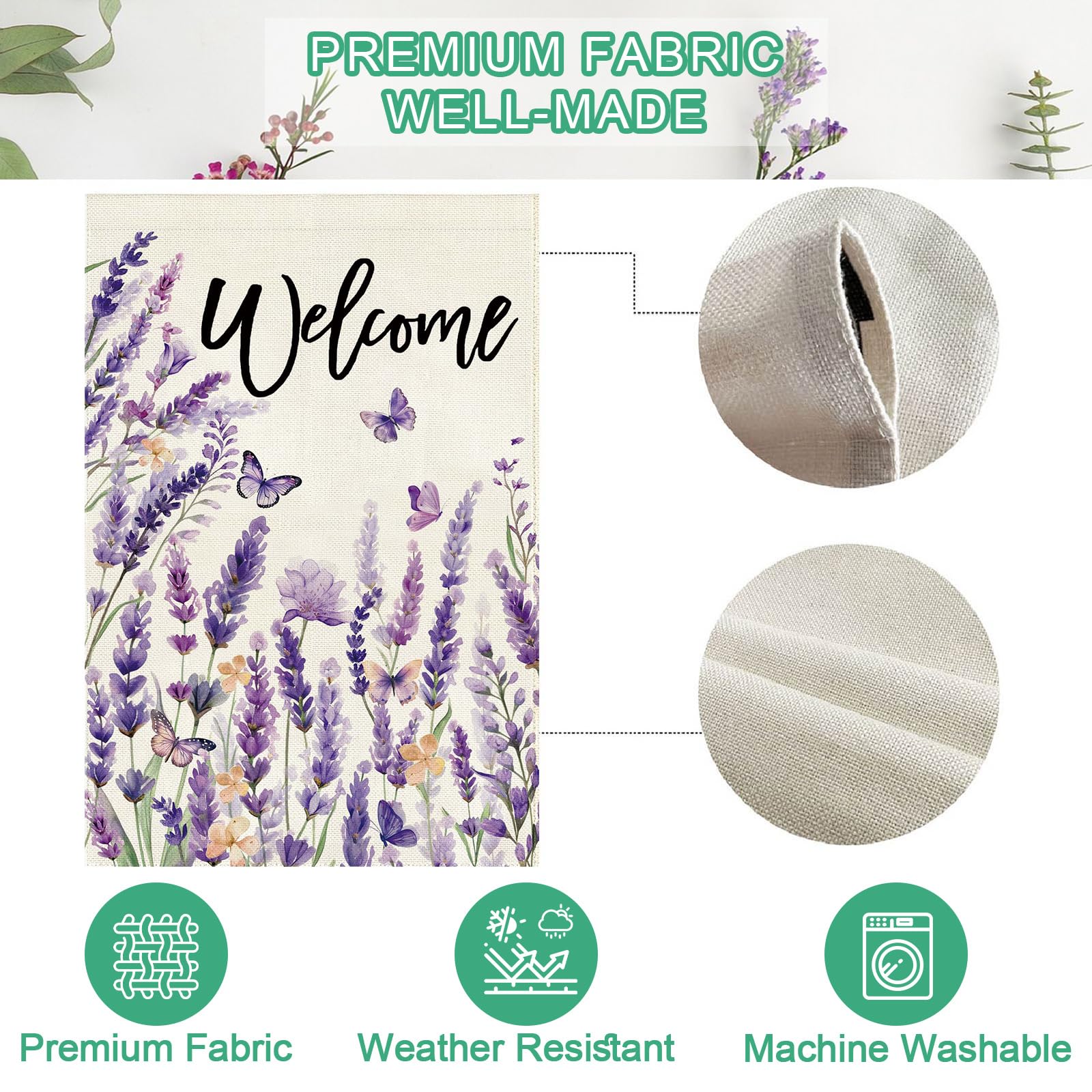Baccessor Spring Lavender Welcome Flag garden decor enhances porch, lawn, or mailbox exterior.