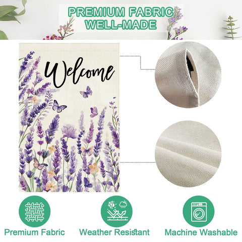 Baccessor Spring Lavender Welcome Flag garden decor enhances porch, lawn, or mailbox exterior.
