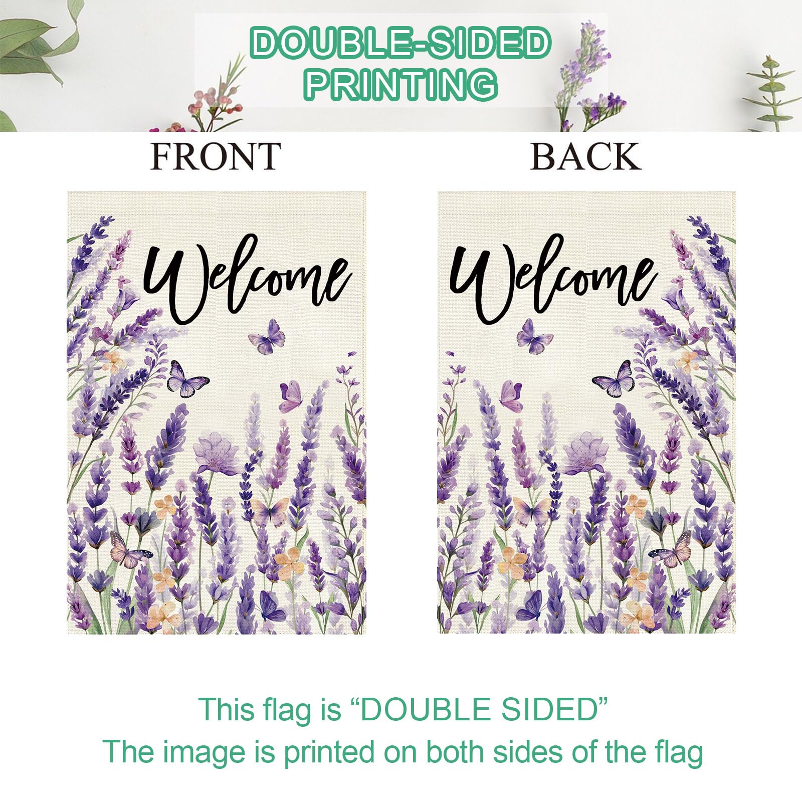 Baccessor Spring Lavender Welcome Flag two-sided print keeps visibility from both directions.