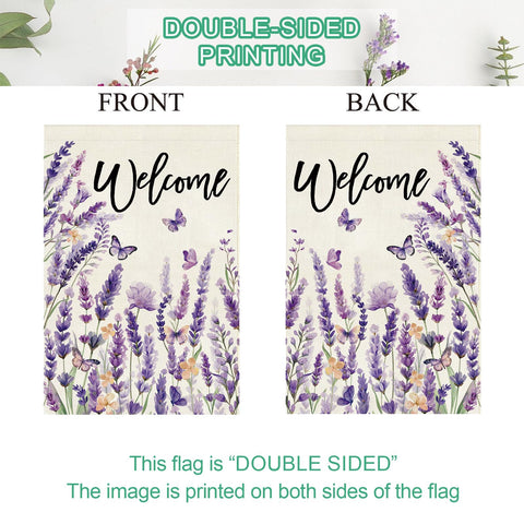 Baccessor Spring Lavender Welcome Flag two-sided print keeps visibility from both directions.