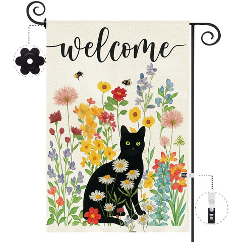 Baccessor Spring Summer Black Cat Garden Flag closeup shows a vibrant welcome from every angle.