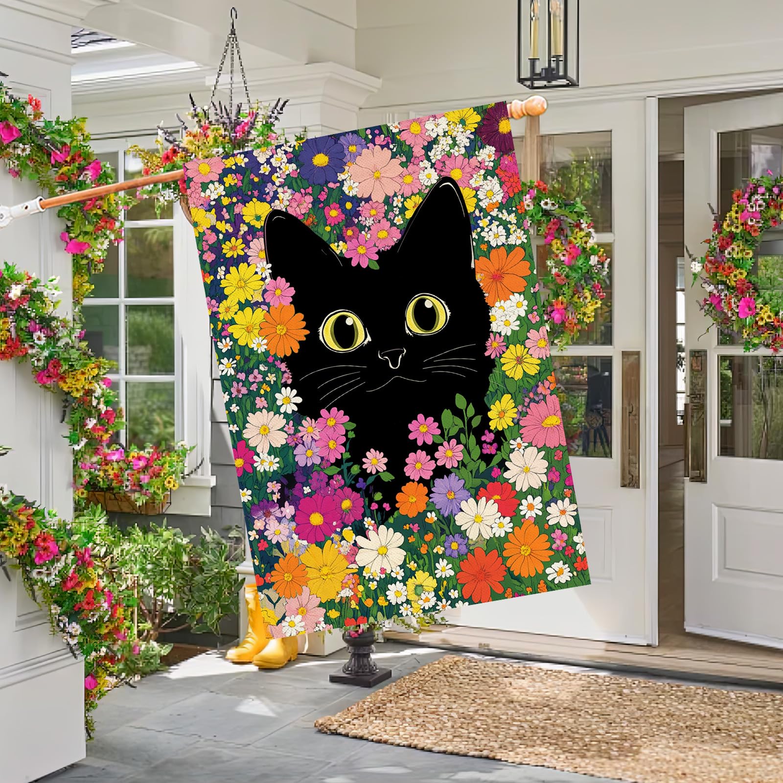 Baccessor Spring Summer Cat House Flag back view shows double-sided print for multiple angles