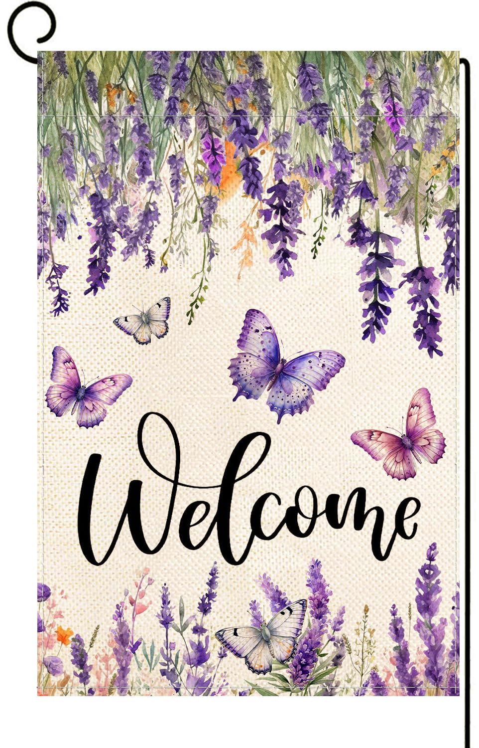 Baccessor spring-summer flag with lavender butterfly flowers for garden welcome.