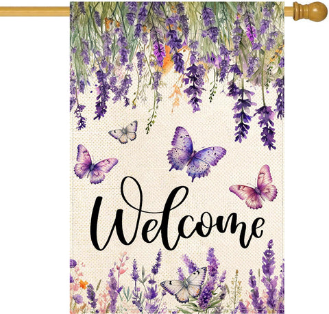 Baccessor flag with lavender butterfly floral welcome in a garden