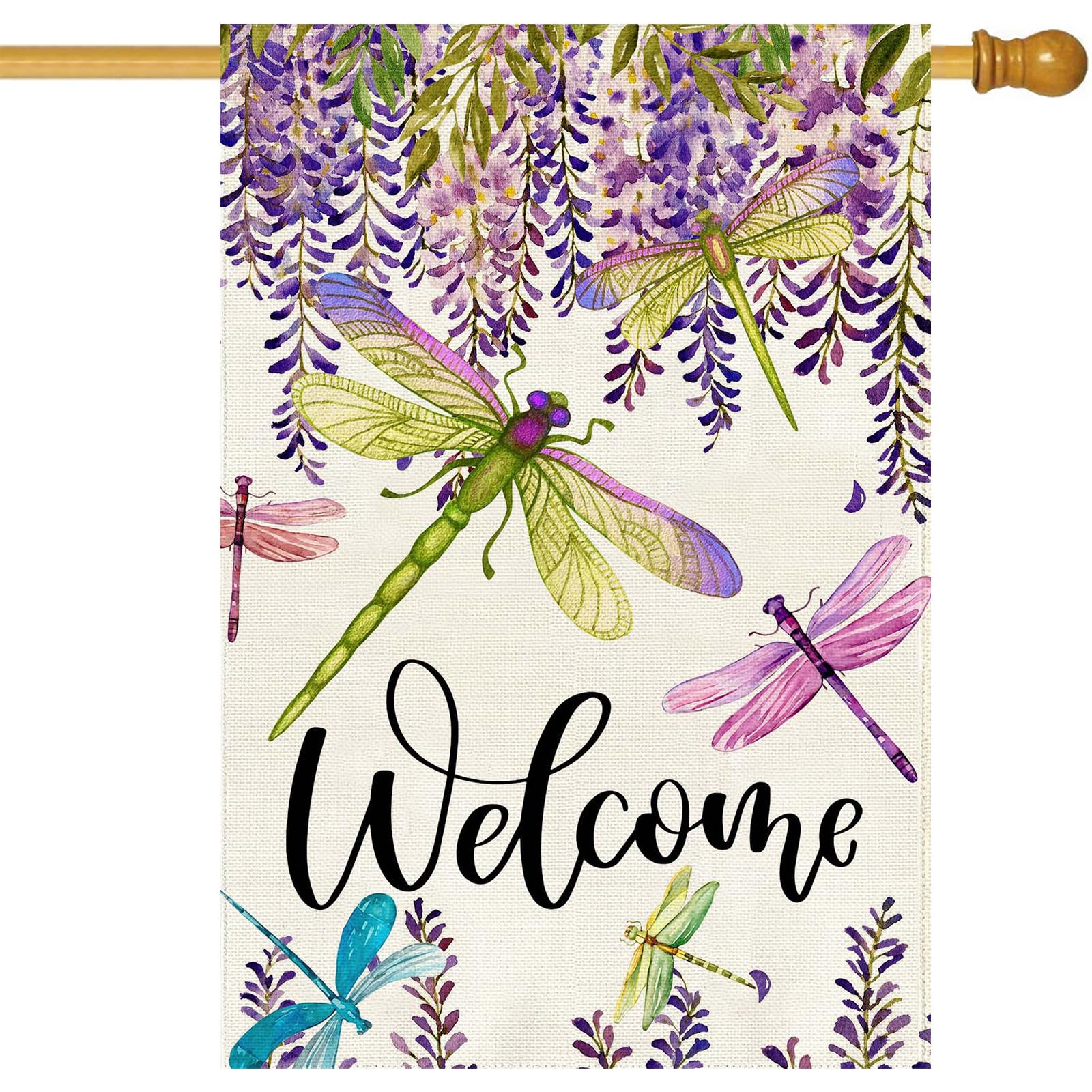 Baccessor spring summer flower flag with wisteria and dragonfly for garden charm
