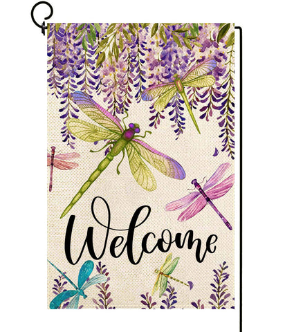 Baccessor flag featuring wisteria and dragonfly for outdoor garden decor.