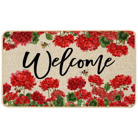 Baccessor spring summer geranium doormat outdoor front view with vibrant red flowers for curb appeal