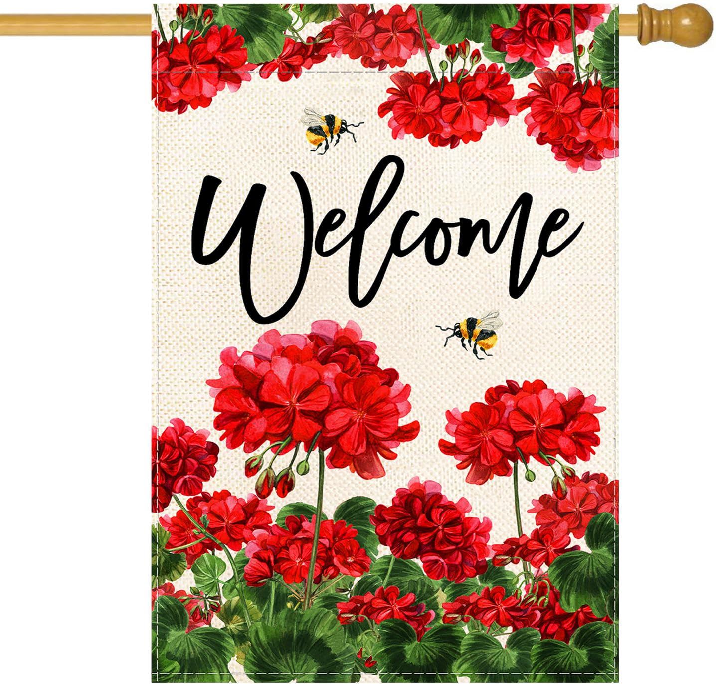 Baccessor spring summer geranium welcome flag, double-sided visibility for inviting curb appeal.