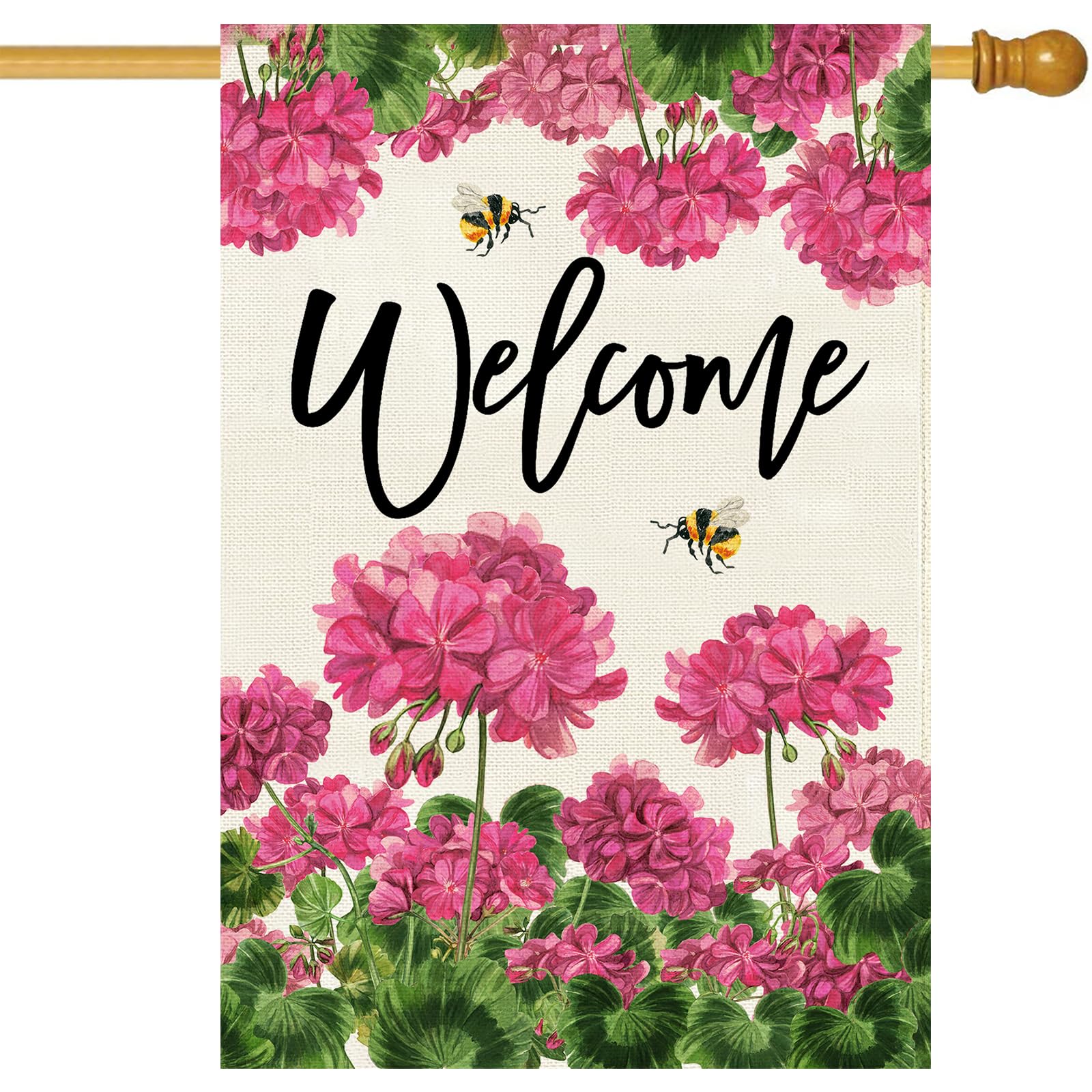 Baccessor Spring Summer geranium welcome flag on front porch enhances curb appeal