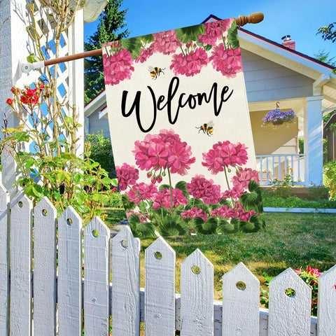 Baccessor double sided burlap flag visible from both sides with vivid geranium design