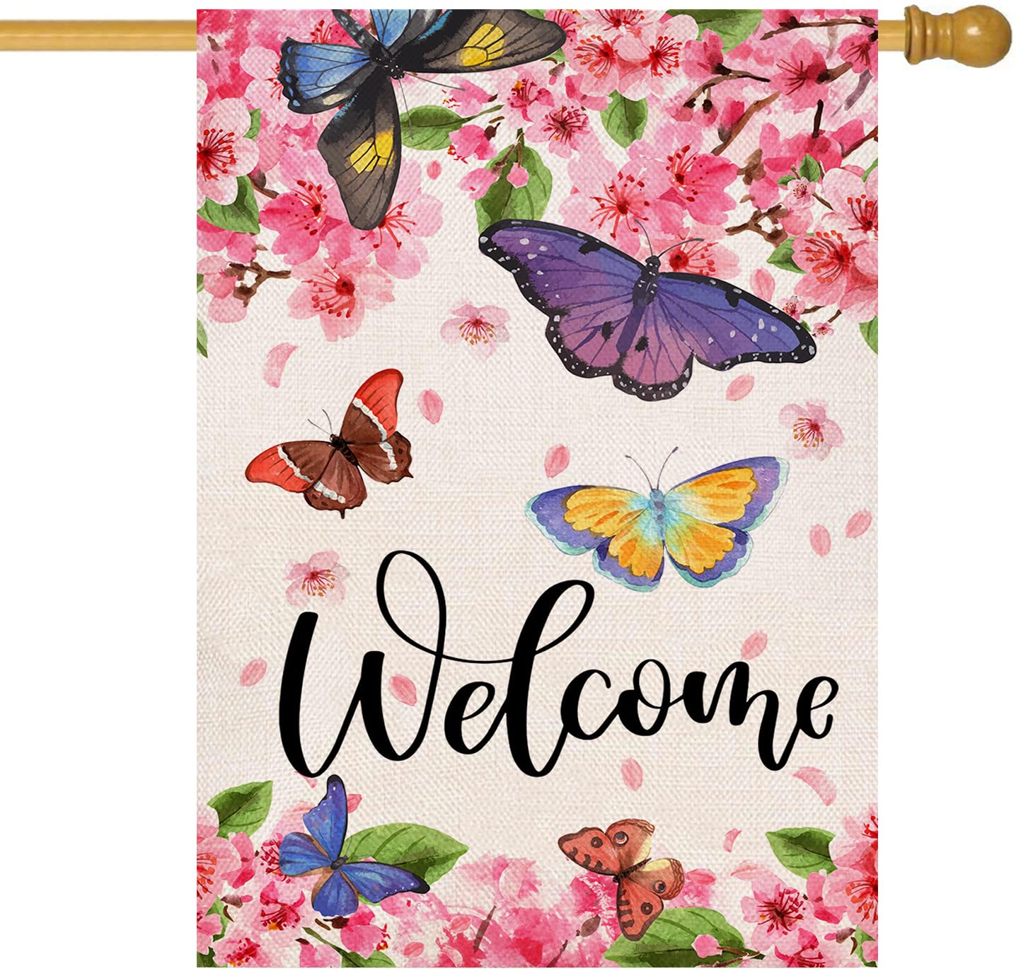 Baccessor spring flag with butterflies and flowers for outdoor welcome.