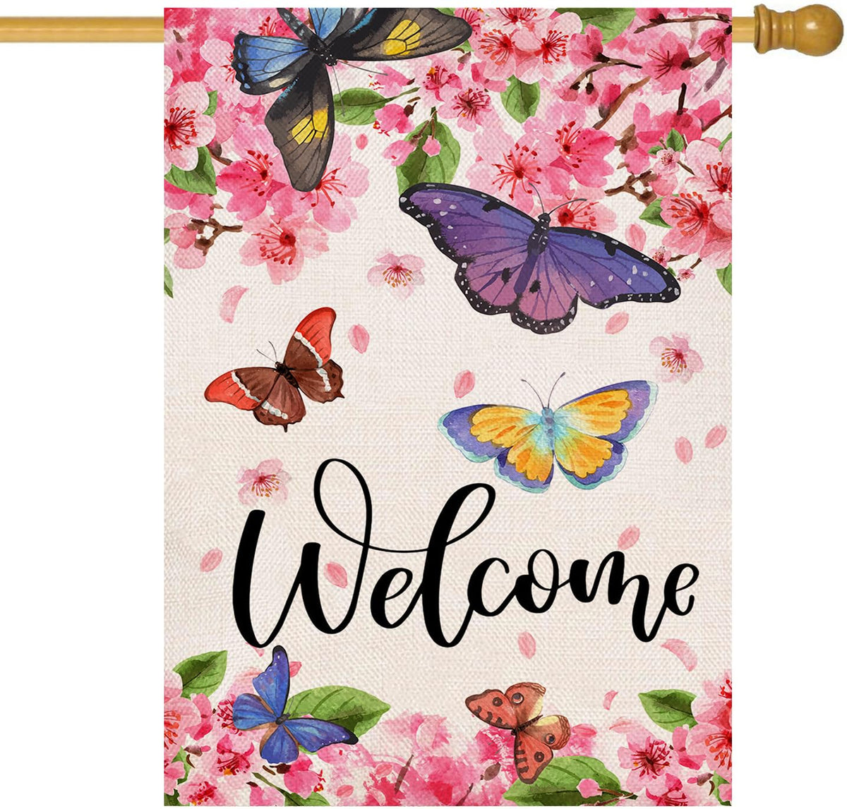 Baccessor spring flag with butterflies and flowers for outdoor welcome.