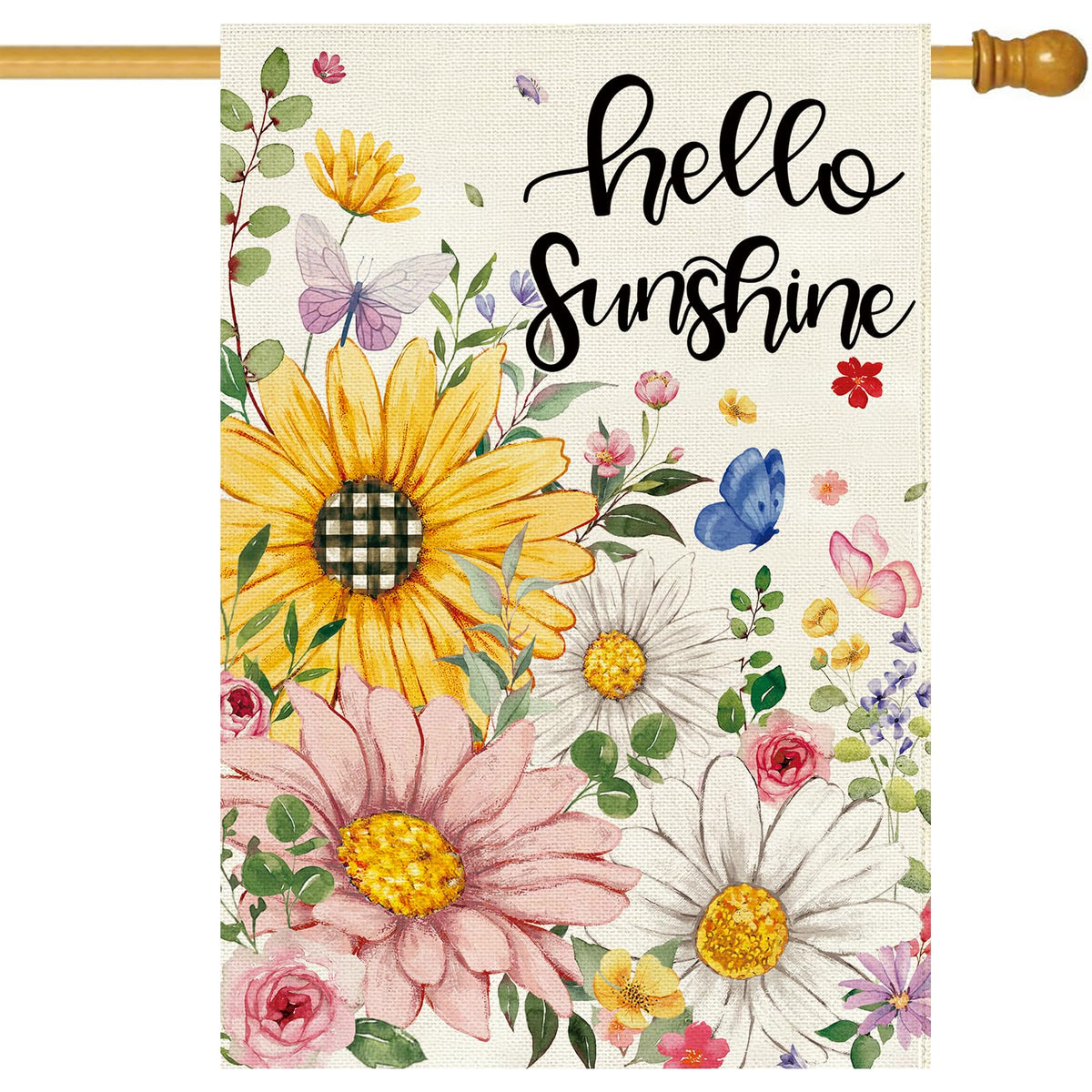 Baccessor flag front view with hello sunshine sunflowers for outdoor porch decor.