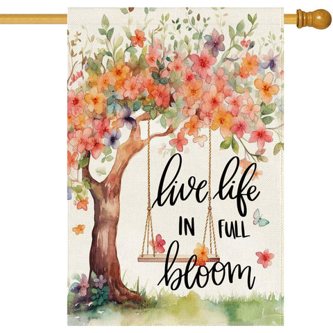 Baccessor flag with double-sided print enhances entryway welcome and visibility.