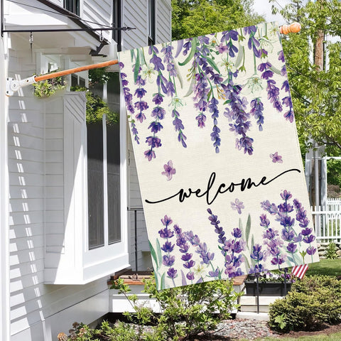 Baccessor lavender floral flag back side detail, weatherproof burlap for year-round yard decor