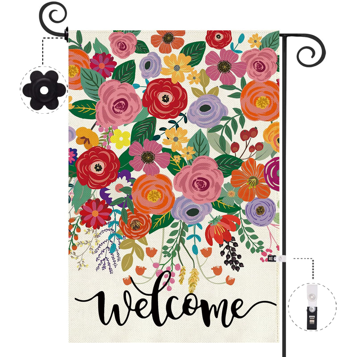 Baccessor spring-summer welcome flag in burlap, double-sided for visible greeting from every angle.