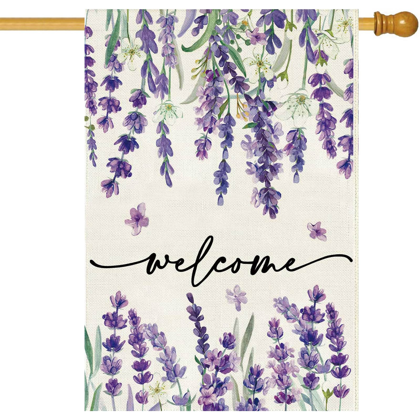 Baccessor spring-summer welcome flag front view with lavender blooms, double-sided visibility for guests