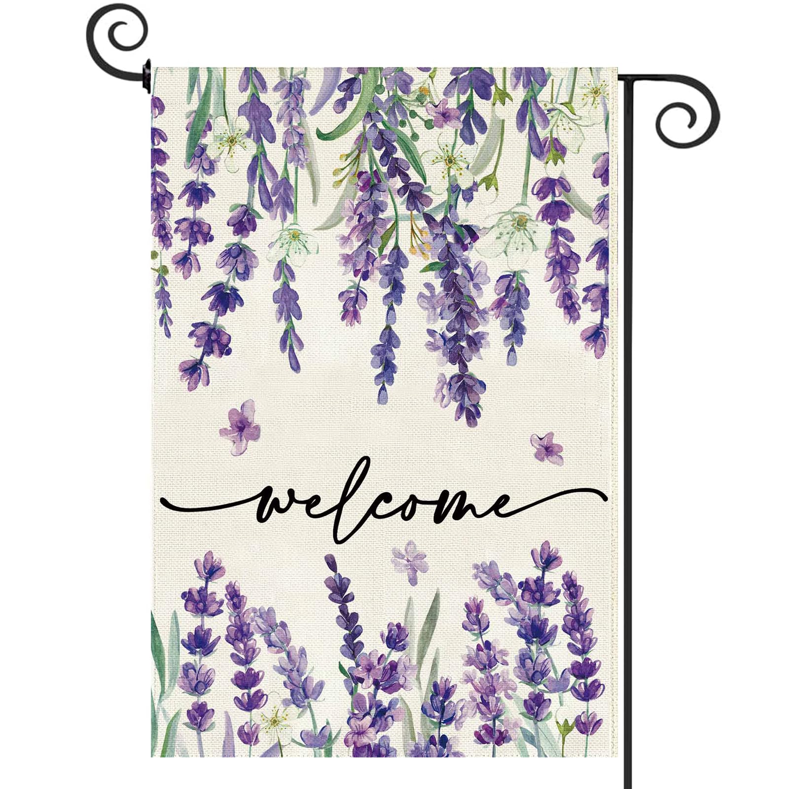 Baccessor flag featuring lavender purple flowers on burlap, ideal for outdoor display.
