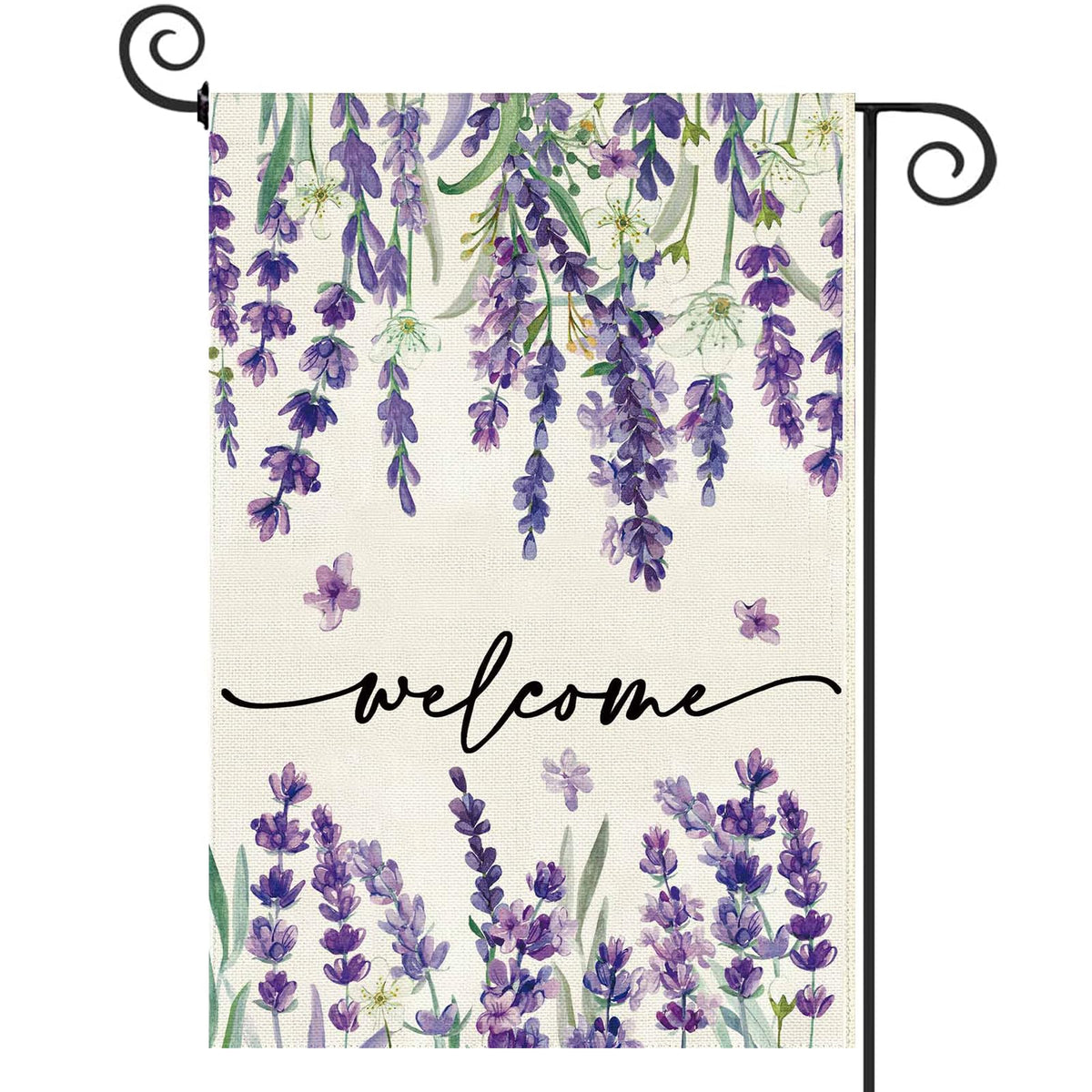 Baccessor flag featuring lavender purple flowers on burlap, ideal for outdoor display.