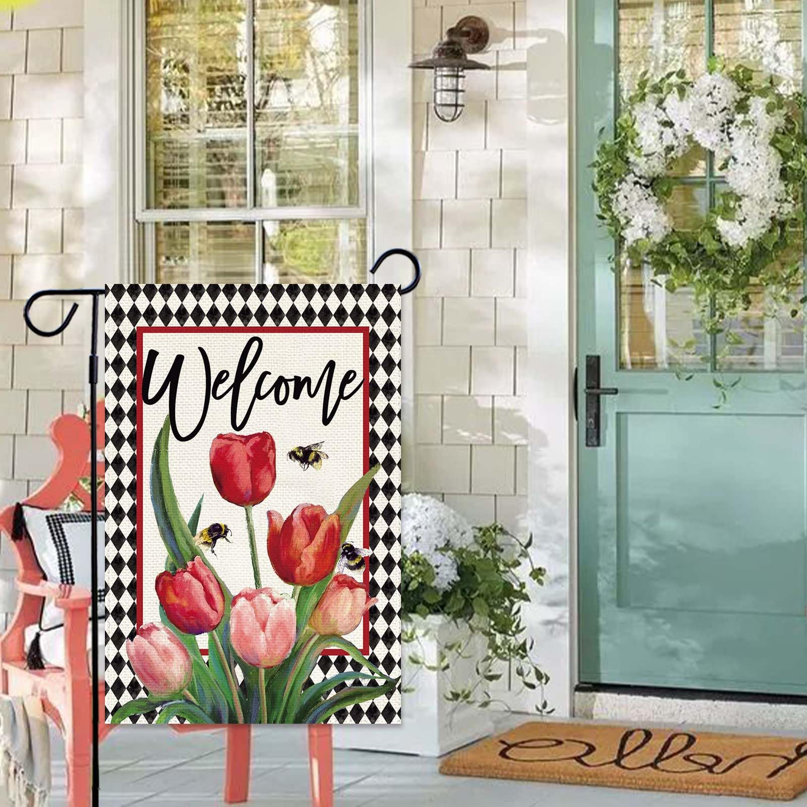 Baccessor spring tulip welcome flag back view shows double-sided design in yard