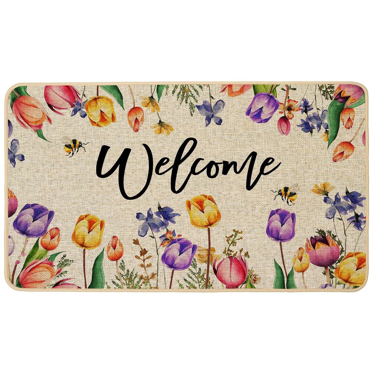 Baccessor Spring Tulips doormat at front door with purple pink flowers.