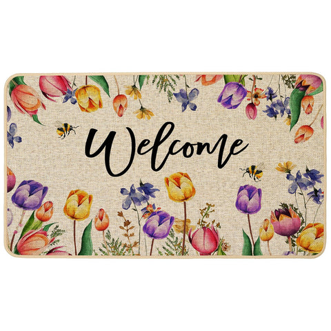Baccessor Spring Tulips doormat at front door with purple pink flowers.