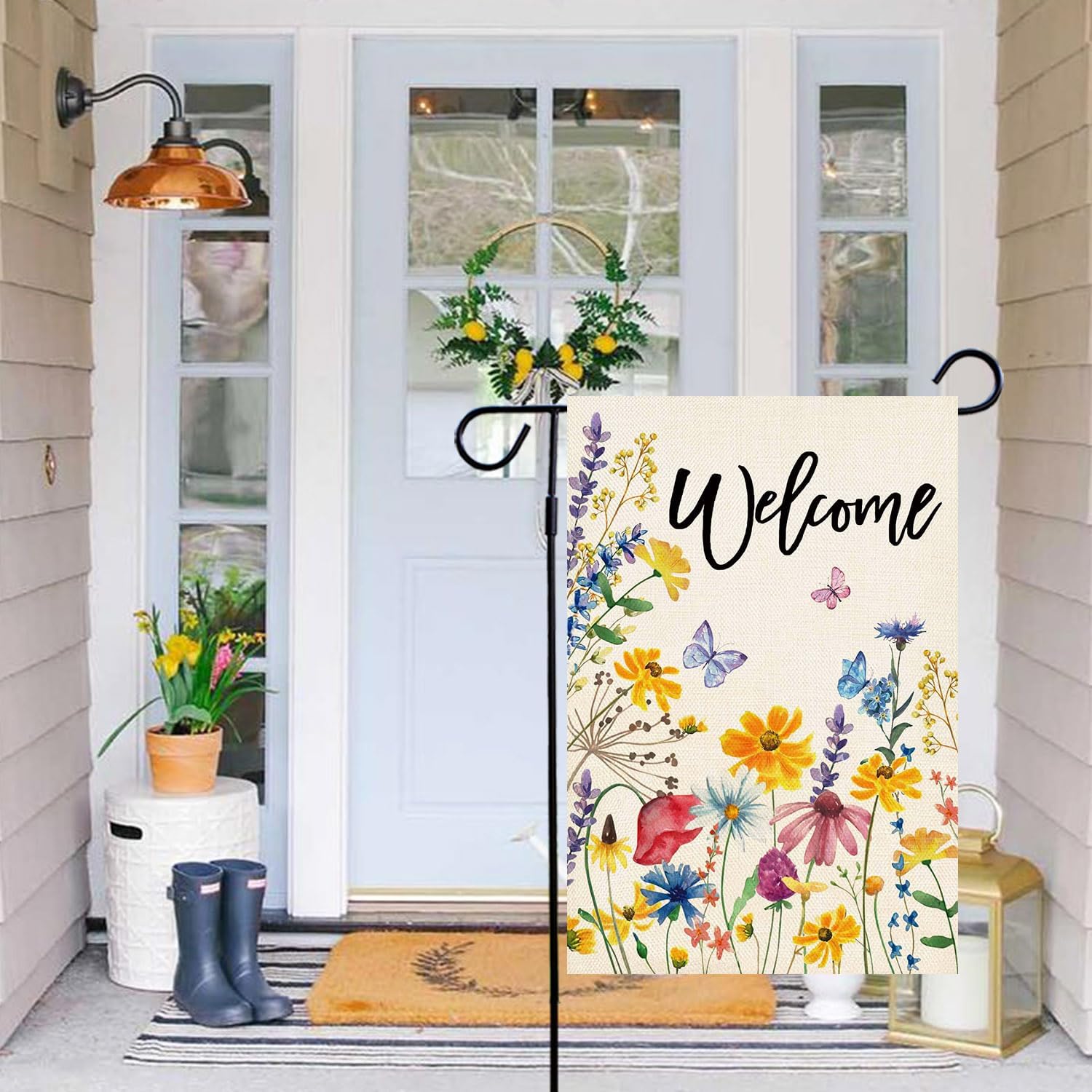 Baccessor Spring Welcome Flag double-sided floral leaves back view for visibility