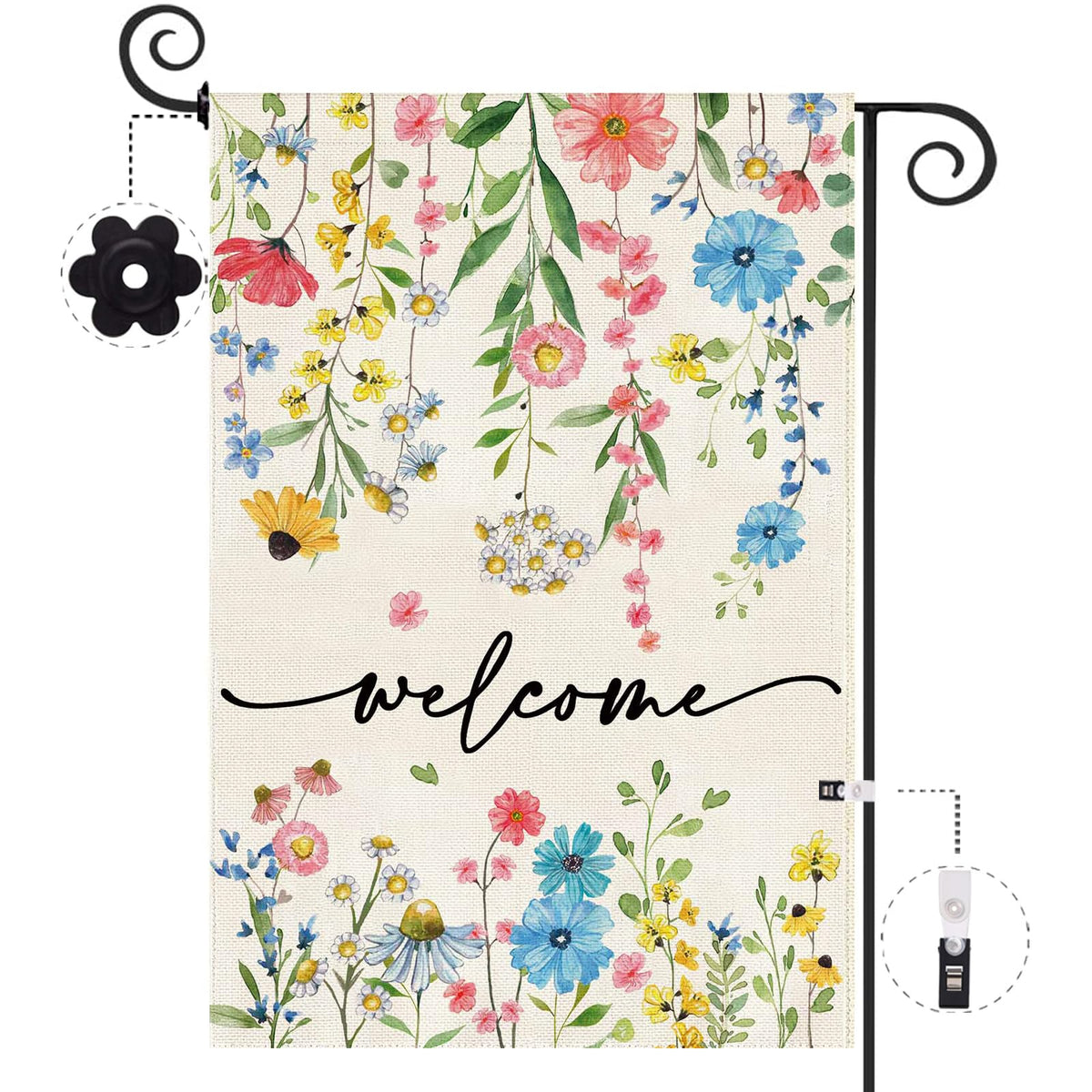 Baccessor Spring Welcome Floral Flag front view with double-sided print for high visibility