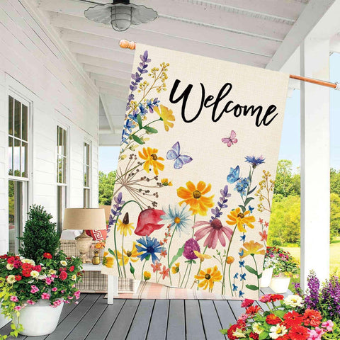 Baccessor floral design flag with butterfly accents brightens patios during spring and summer.