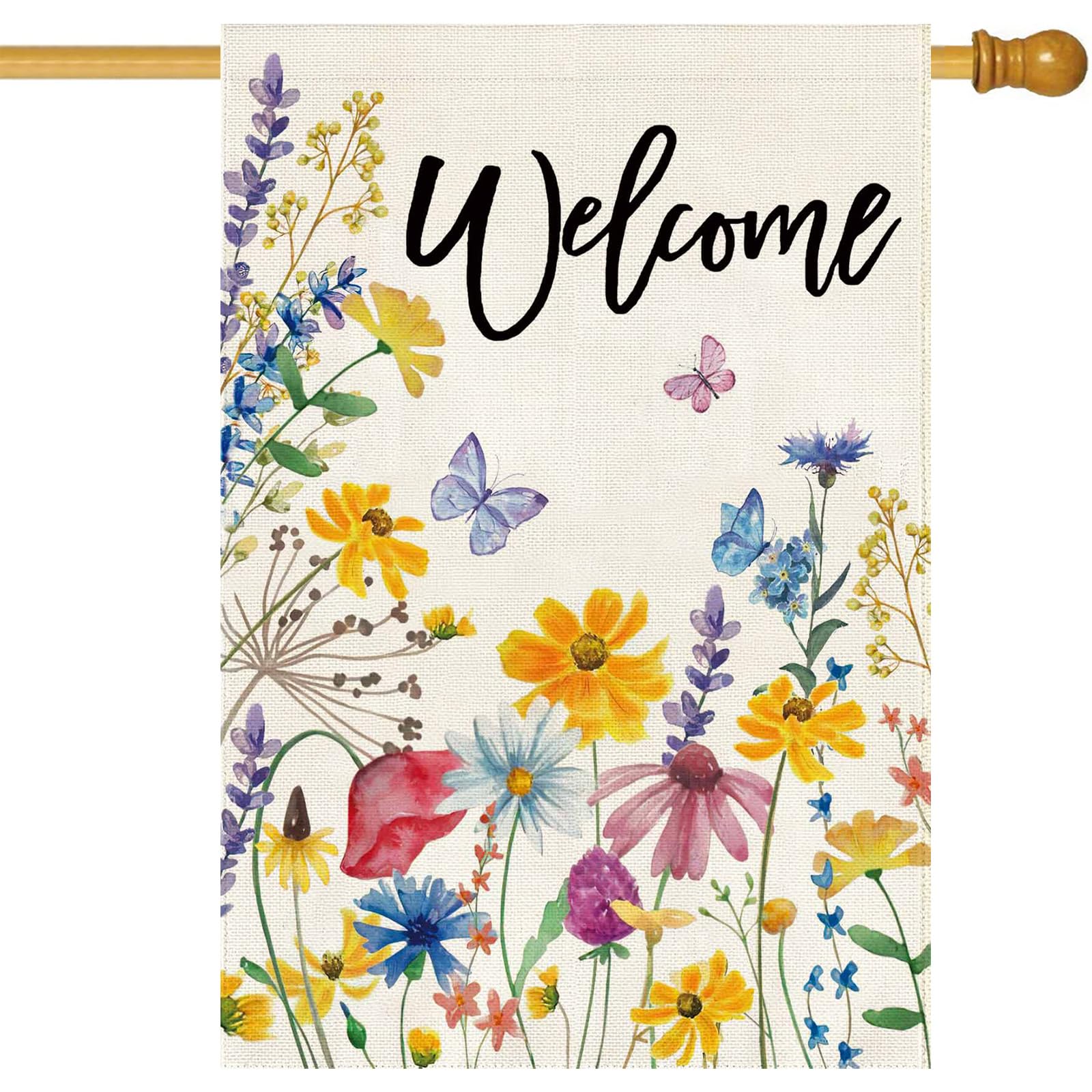 Baccessor spring welcome floral flag front view with double-sided print for vibrant curb appeal.