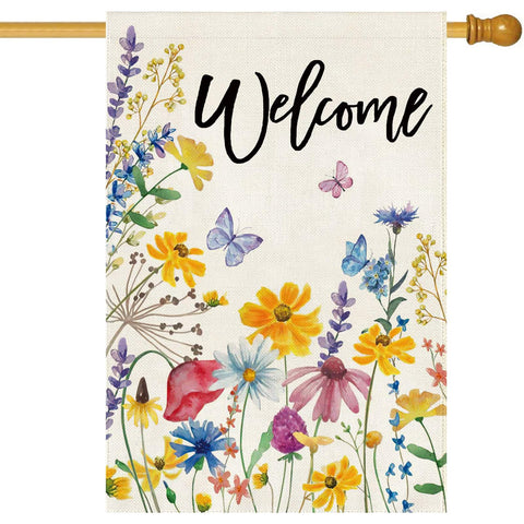 Baccessor spring welcome floral flag front view with double-sided print for vibrant curb appeal.