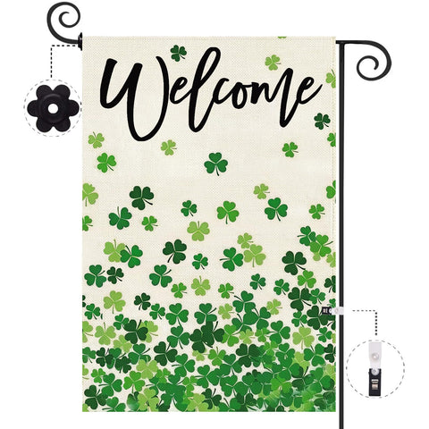 Baccessor St Patrick's Day garden flag double-sided burlap welcomes guests from both sides.