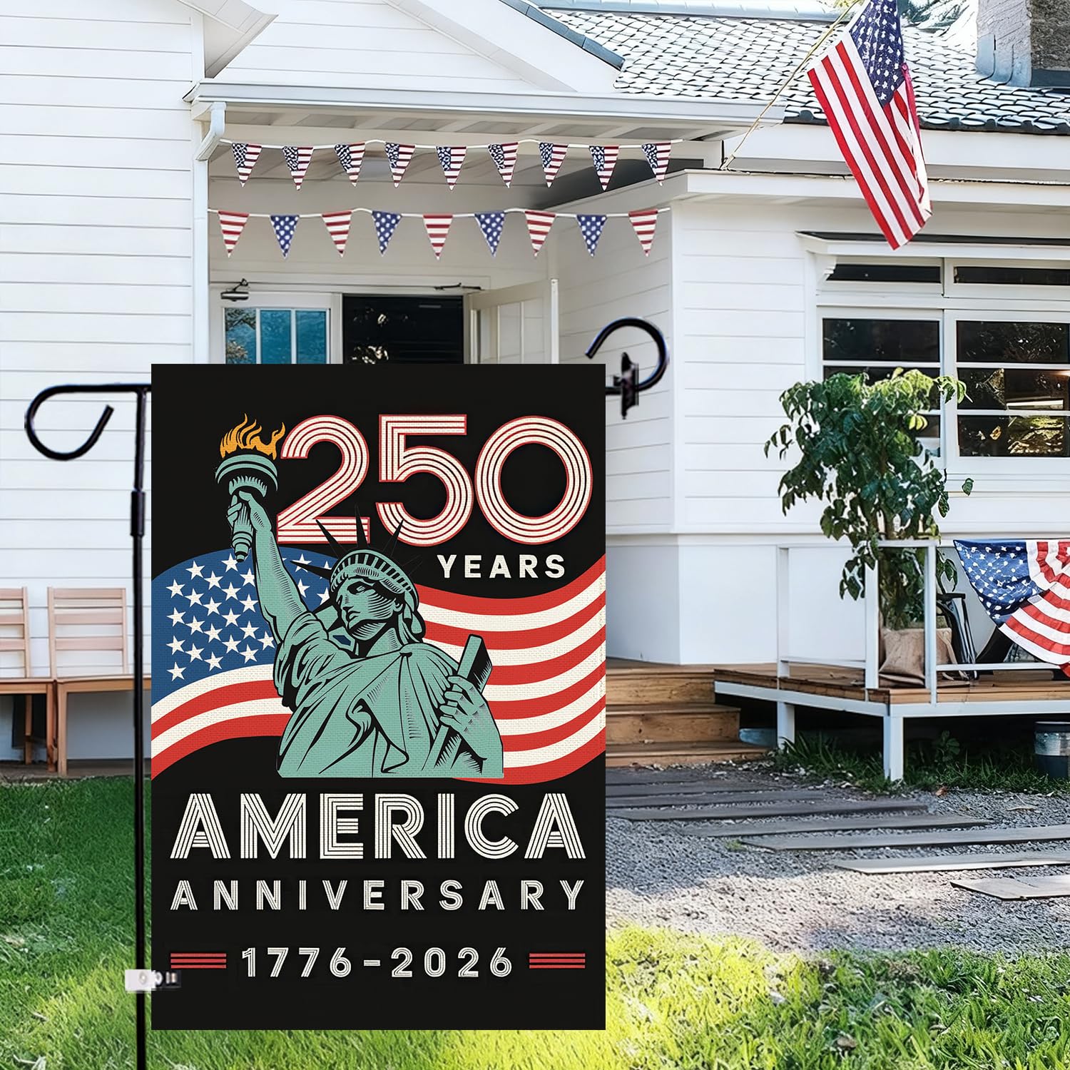 Baccessor Statue of Liberty design flag adds seasonal curb appeal to patio.