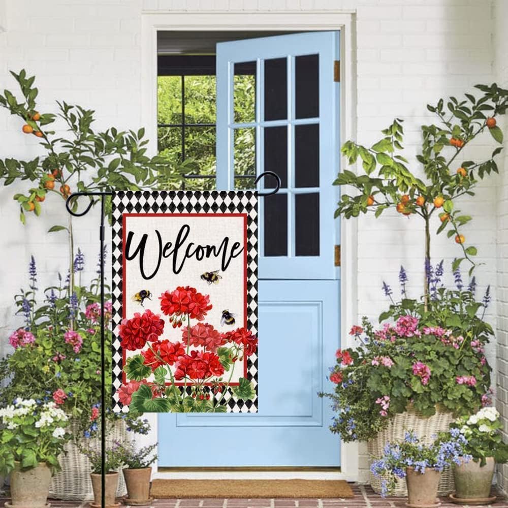 Baccessor summer bee red floral flag, two-sided, inviting seasonal charm.